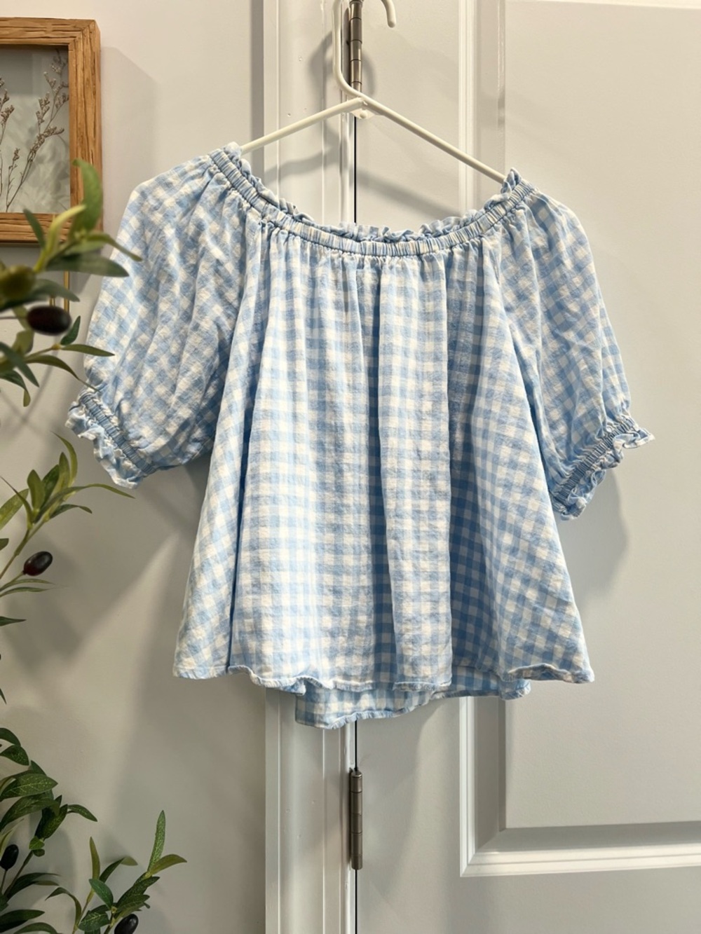 crown & ivy Light Blue Gingham Off-Shoulder Peasant Top